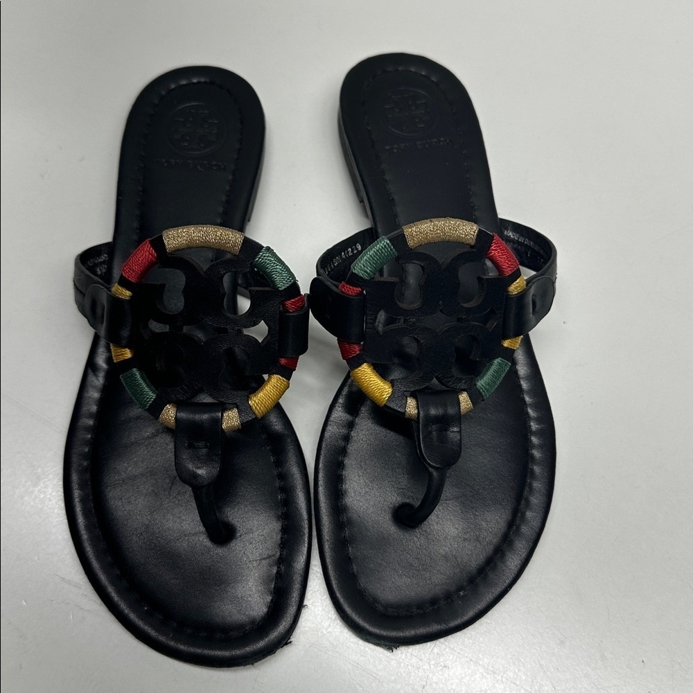 Tory Burch Miller Sandals Thong Slip On Leather Shoes Embroidered Rainbow 6.5